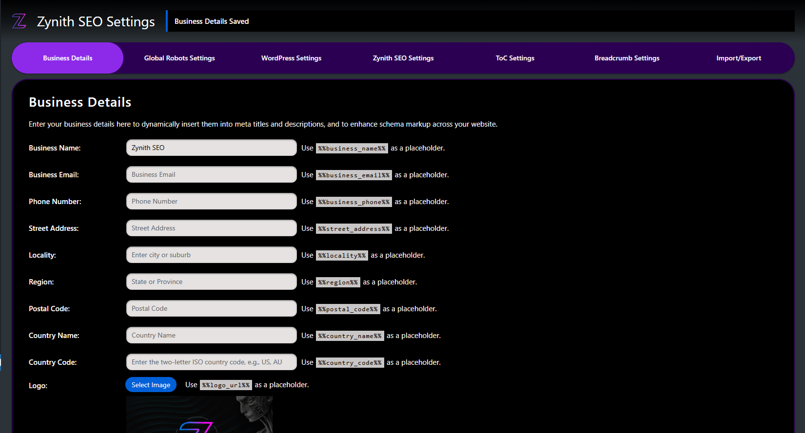 Zynith SEO WordPress Plugin Settings for Business Details